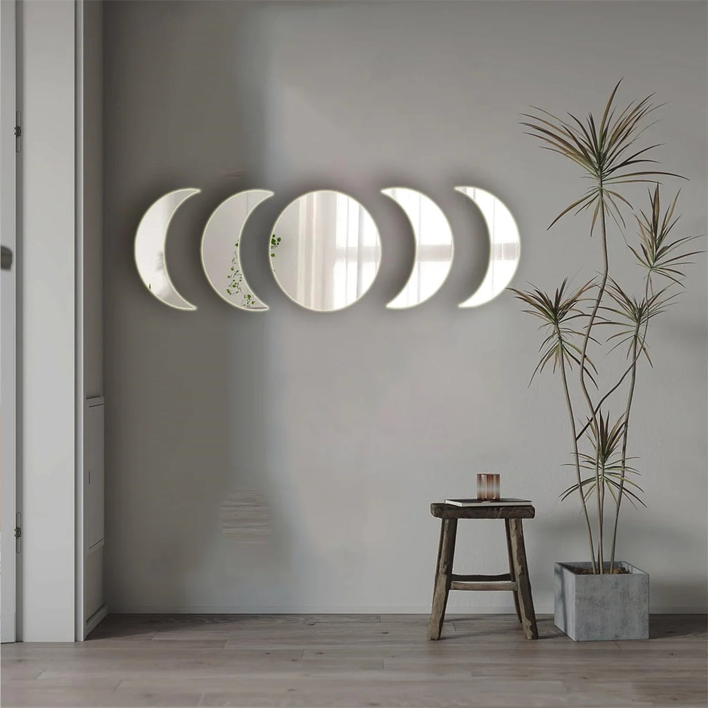 5PCS Moon Phase Design Acrylic Mirror Wall Sticker Self Adhesive Mirror Wall Decal Wall Decor for Home Living Room Bedroom Or