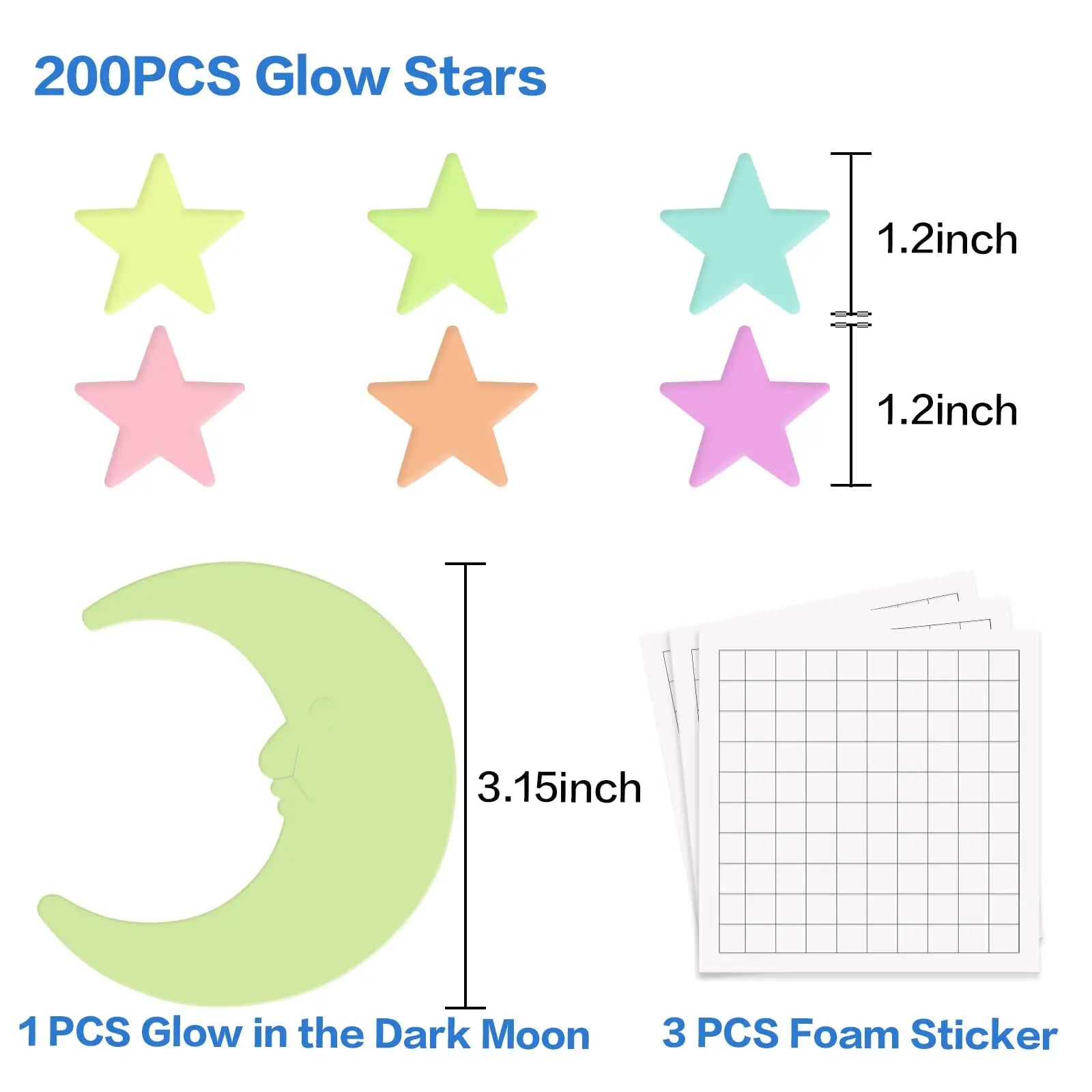 200Pcs Stars for Ceiling,3D Glowing Stars with Moon,6 Colors Adhesive Glowing Stars for Ceiling,Wall Decorations,Room Decor