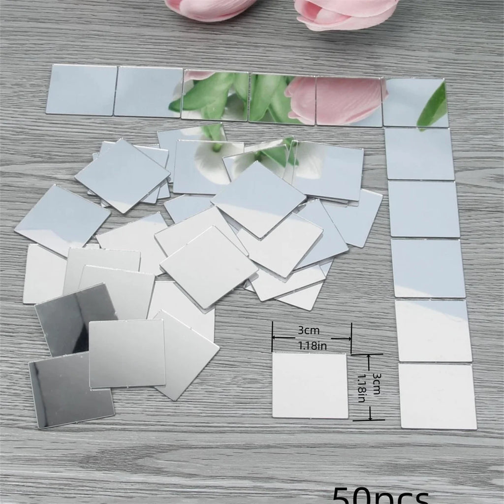 50pcs Mini Square Silver 3cm Glass Mirror Tiles Small True Glass Mosaic for DIY Crafts Art Supplies, Home Wall Door Decor