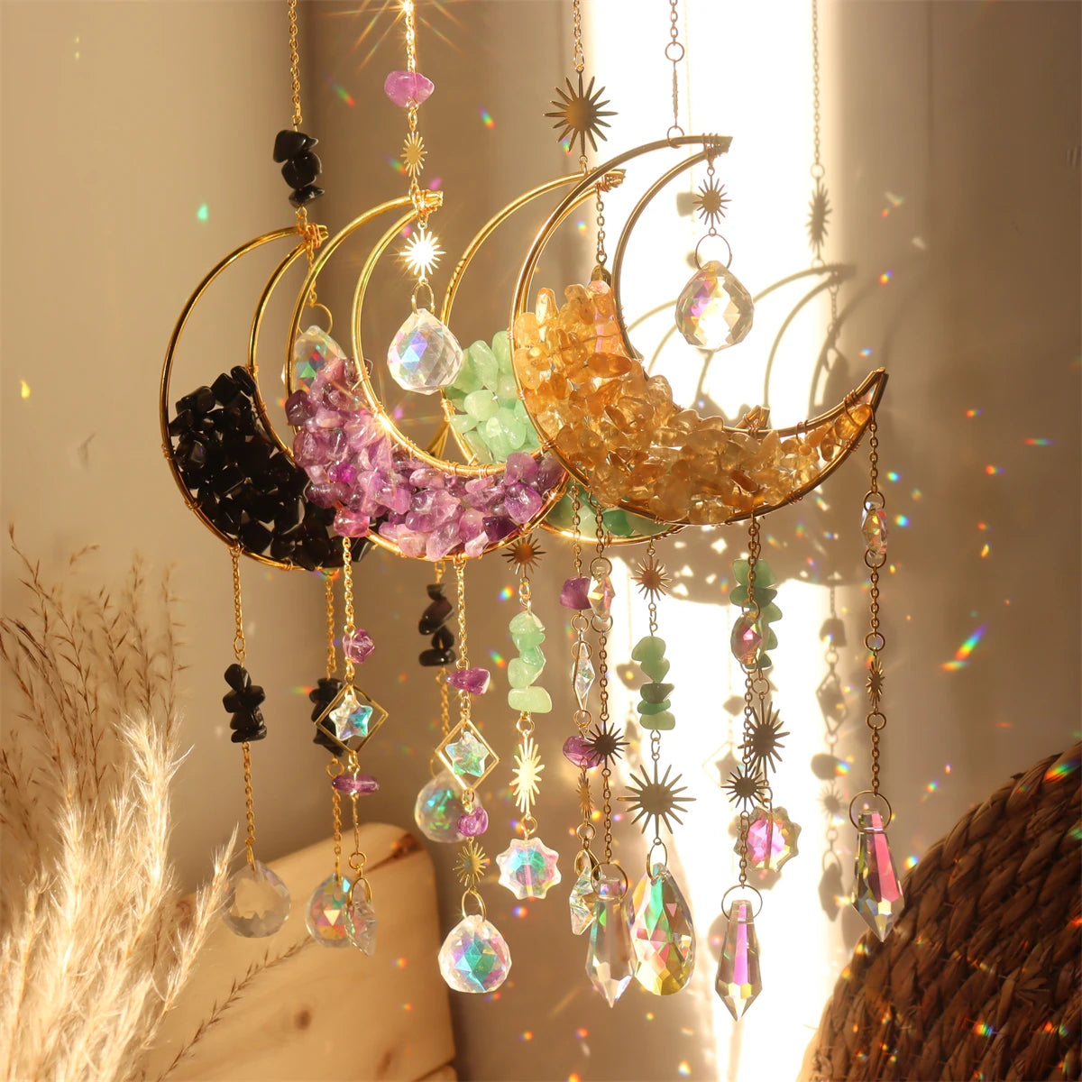 Pendentif attrape-soleil en cristal de couleur violet, bleu, vert et rose en forme de lune sablier, décoration à suspendre en forme de demi-lune pour fenêtre - Maison et jardin