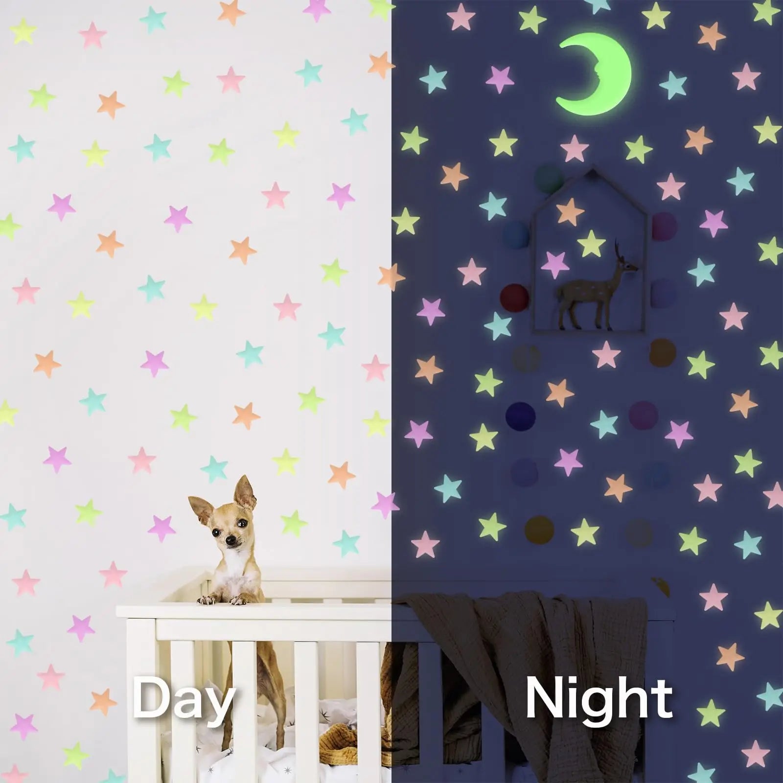 200Pcs Stars for Ceiling,3D Glowing Stars with Moon,6 Colors Adhesive Glowing Stars for Ceiling,Wall Decorations,Room Decor