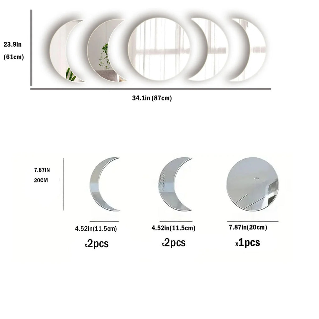 5PCS Moon Phase Design Acrylic Mirror Wall Sticker Self Adhesive Mirror Wall Decal Wall Decor for Home Living Room Bedroom Or