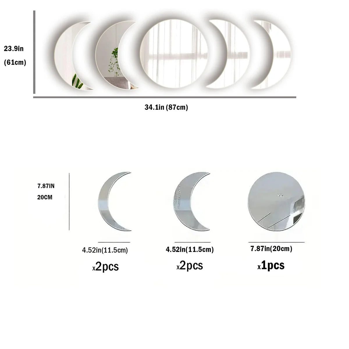 5PCS Moon Phase Design Acrylic Mirror Wall Sticker Self Adhesive Mirror Wall Decal Wall Decor for Home Living Room Bedroom Or