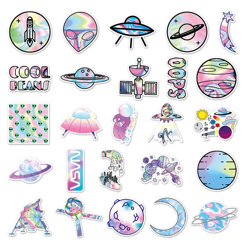 10/30/50 autocollants holographiques laser extraterrestres de l'espace, autocollants de dessin animé DIY pour ordinateur portable, bagages, skateboard, téléphone, autocollant cool pour jouet d'enfant