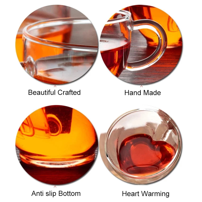 Tasses de couple en verre en forme de cœur, tasses à double paroi en verre, verres à vin résistants à la chaleur, tasses à thé, tasses à café expresso au lait, articles de boisson.
