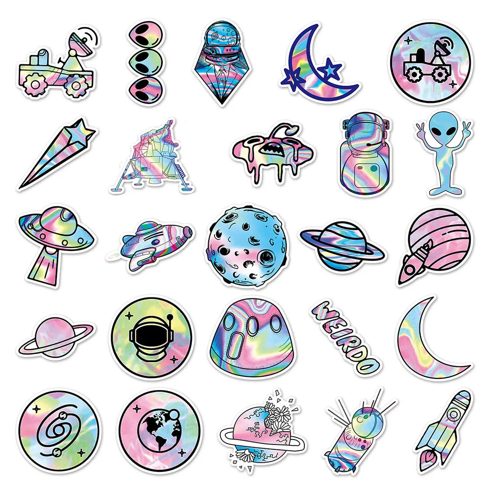 10/30/50 autocollants holographiques laser extraterrestres de l'espace, autocollants de dessin animé DIY pour ordinateur portable, bagages, skateboard, téléphone, autocollant cool pour jouet d'enfant