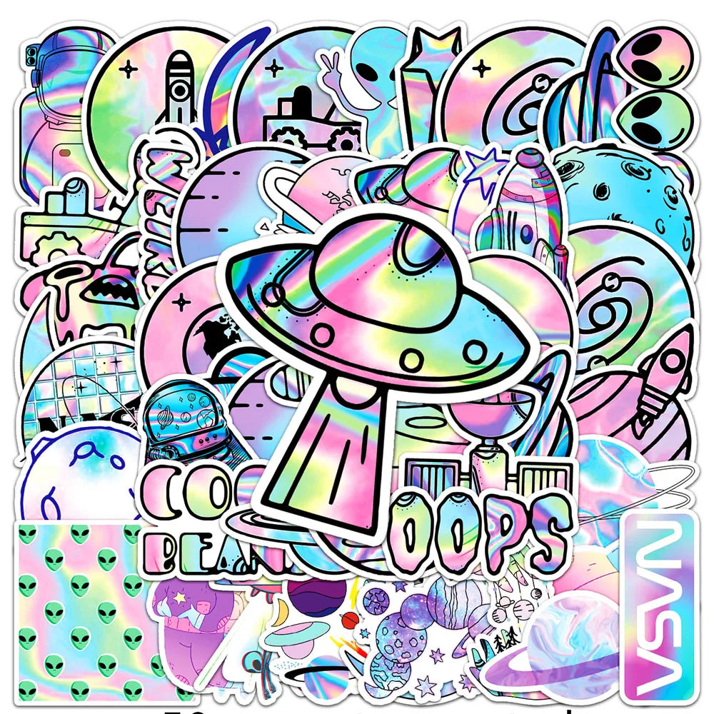 10/30/50 autocollants holographiques laser extraterrestres de l'espace, autocollants de dessin animé DIY pour ordinateur portable, bagages, skateboard, téléphone, autocollant cool pour jouet d'enfant