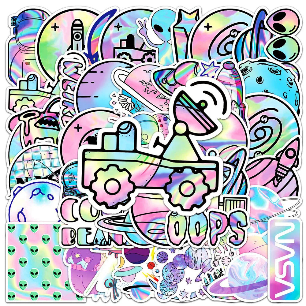 10/30/50 autocollants holographiques laser extraterrestres de l'espace, autocollants de dessin animé DIY pour ordinateur portable, bagages, skateboard, téléphone, autocollant cool pour jouet d'enfant