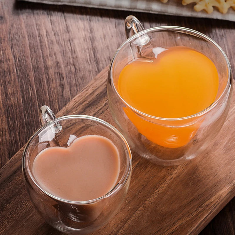 Tasses de couple en verre en forme de cœur, tasses à double paroi en verre, verres à vin résistants à la chaleur, tasses à thé, tasses à café expresso au lait, articles de boisson.