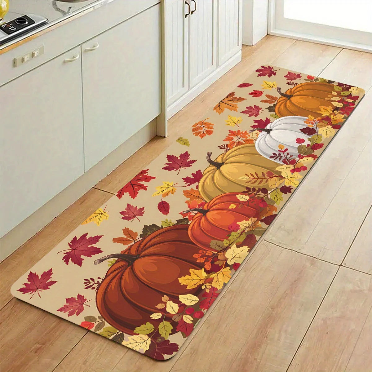 VIKAMA Tapis de Thanksgiving Citrouille Feuille d'érable Tapis de cuisine Tapis long Paillasson Salon Chambre Canapé Tapis de sol doux