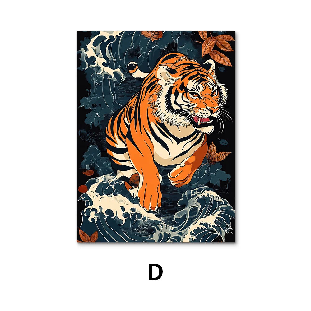 Lienzo vintage Ukiyo-e de tigre – Póster japonés de pared para sala de estar, dormitorio, decoración nórdica del hogar