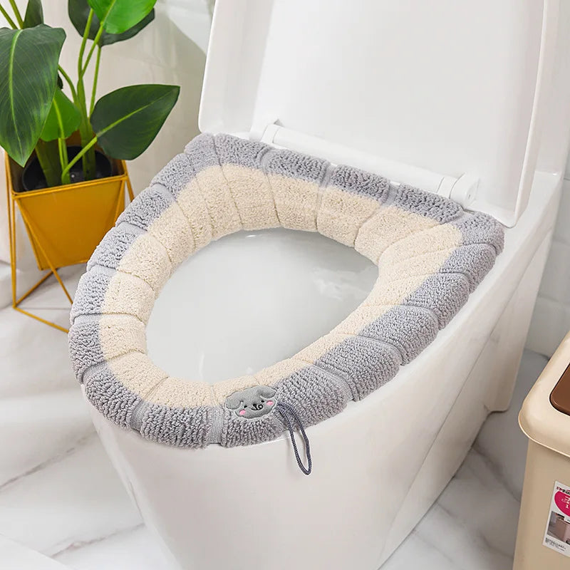Funda de asiento de inodoro cálida de invierno, alfombrilla de inodoro para baño con asa, cojín grueso suave lavable, accesorios para calentador de inodoro