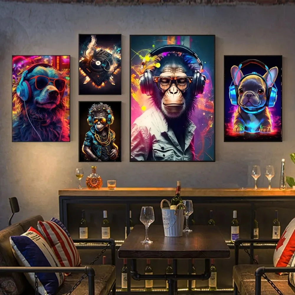 Animal Mono Gato Perro Auriculares Dj Música Póster Lienzo P Póster HD Pósters Hogar Habitación Bar Cafetería Decoración Arte Pintura Mural Imagen