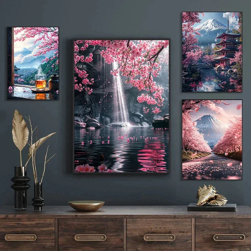 Pink City Viajes Asiáticos Cerezos Japoneses En El Monte Fuji Póster Impresiones Ligeras Lienzo Pintura Mural Imágenes Decoración De La Habitación Del Hogar