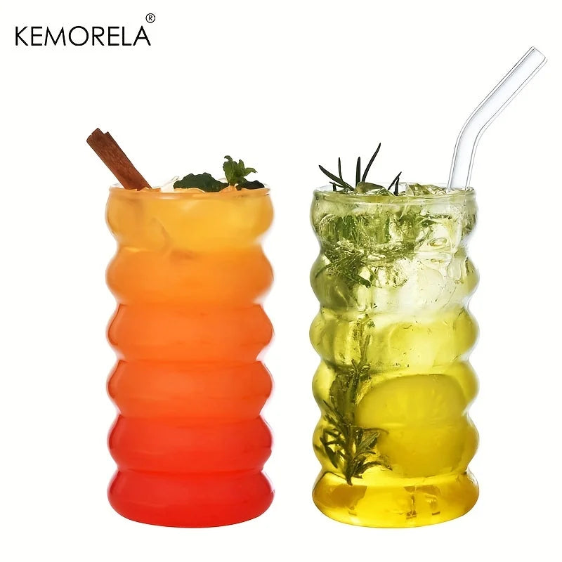 500ML 1/2/4PCS Vasos con Forma de Onda para Bebidas con Pajitas Vasos de Vidrio Vintage Vasos Ondulados para Vino, Champán, Cóctel