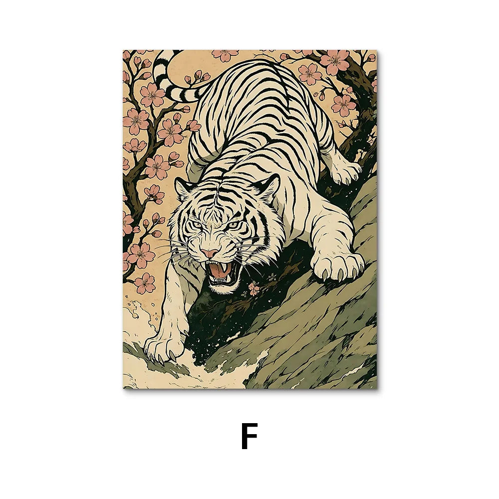 Lienzo vintage Ukiyo-e de tigre – Póster japonés de pared para sala de estar, dormitorio, decoración nórdica del hogar