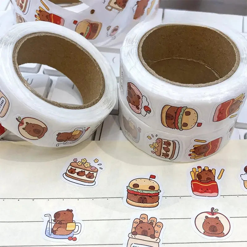 Rollo de 500 pegatinas de capibara de PVC impermeable, autoadhesivas, con diseño de animales y comida, perfectas para portátiles, álbumes de recortes y teléfonos.