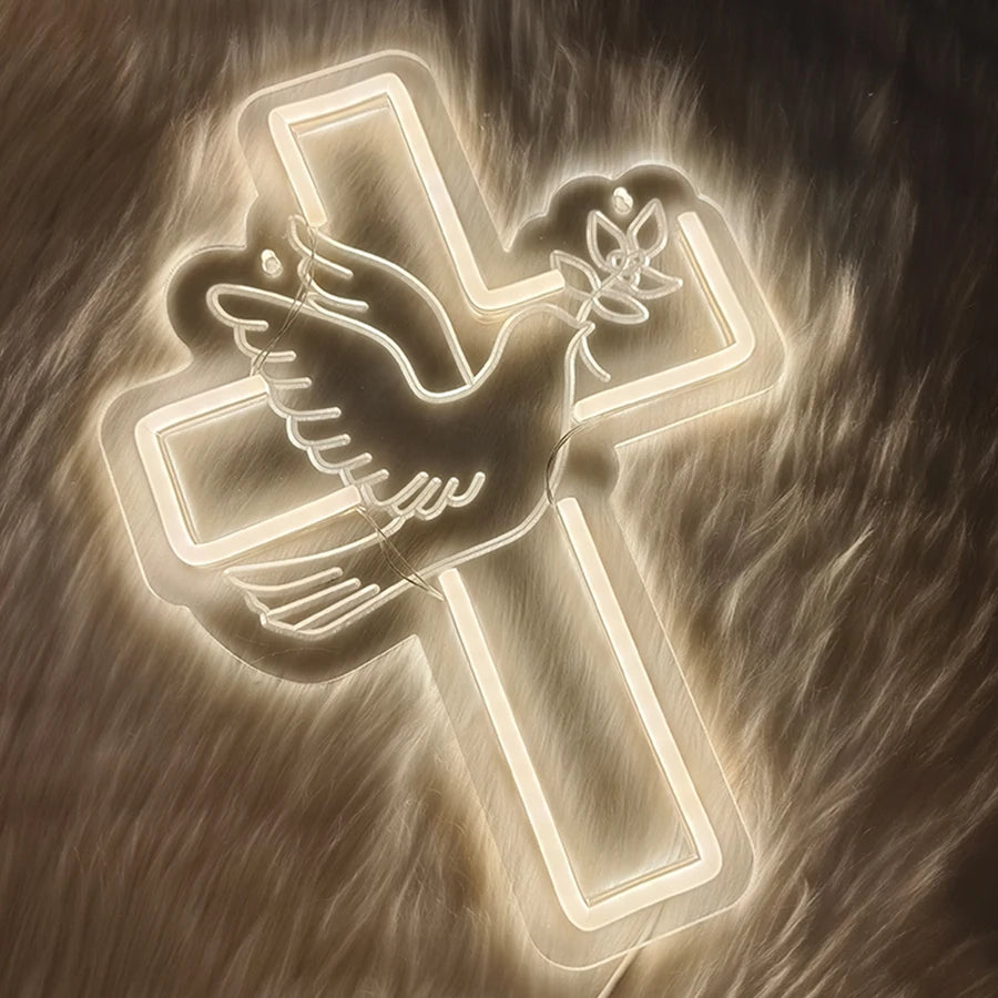 Letrero LED de neón de cruz, ícono de paloma blanco cálido, alimentado por USB para la iglesia de Jesús, bodas, hogar, decoración de actividades de Pascua, fácil de colgar.