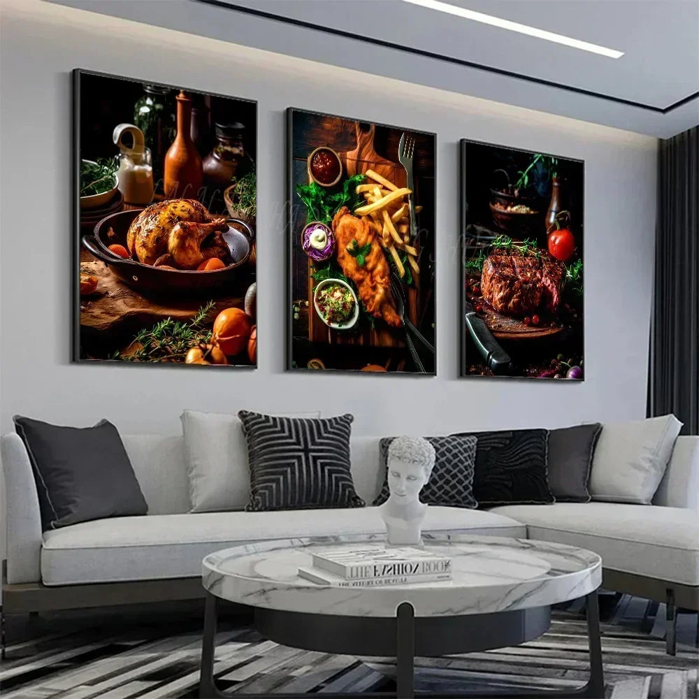 Póster de lienzo impreso para pared con diseño de pollo, comida, hamburguesa, patatas fritas, pollo y salmón, para sala de estar, hogar, restaurante y decoración