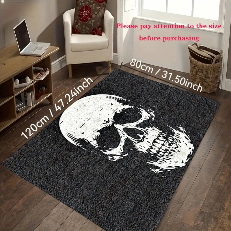 VIKAMA Tapis de sol d'Halloween à motif de crâne, pour salon, chambre à coucher, noir, anti-salissure, résistant à la saleté