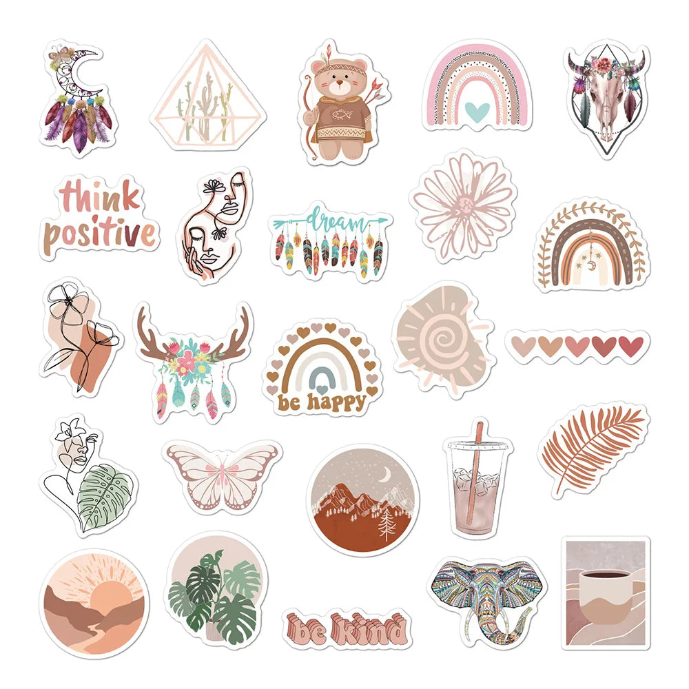 10/30/50 pegatinas bonitas de dibujos animados, estética bohemia, calcomanías de graffiti para laptop, teléfono, álbum de recortes, coche, equipaje, pegatinas impermeables