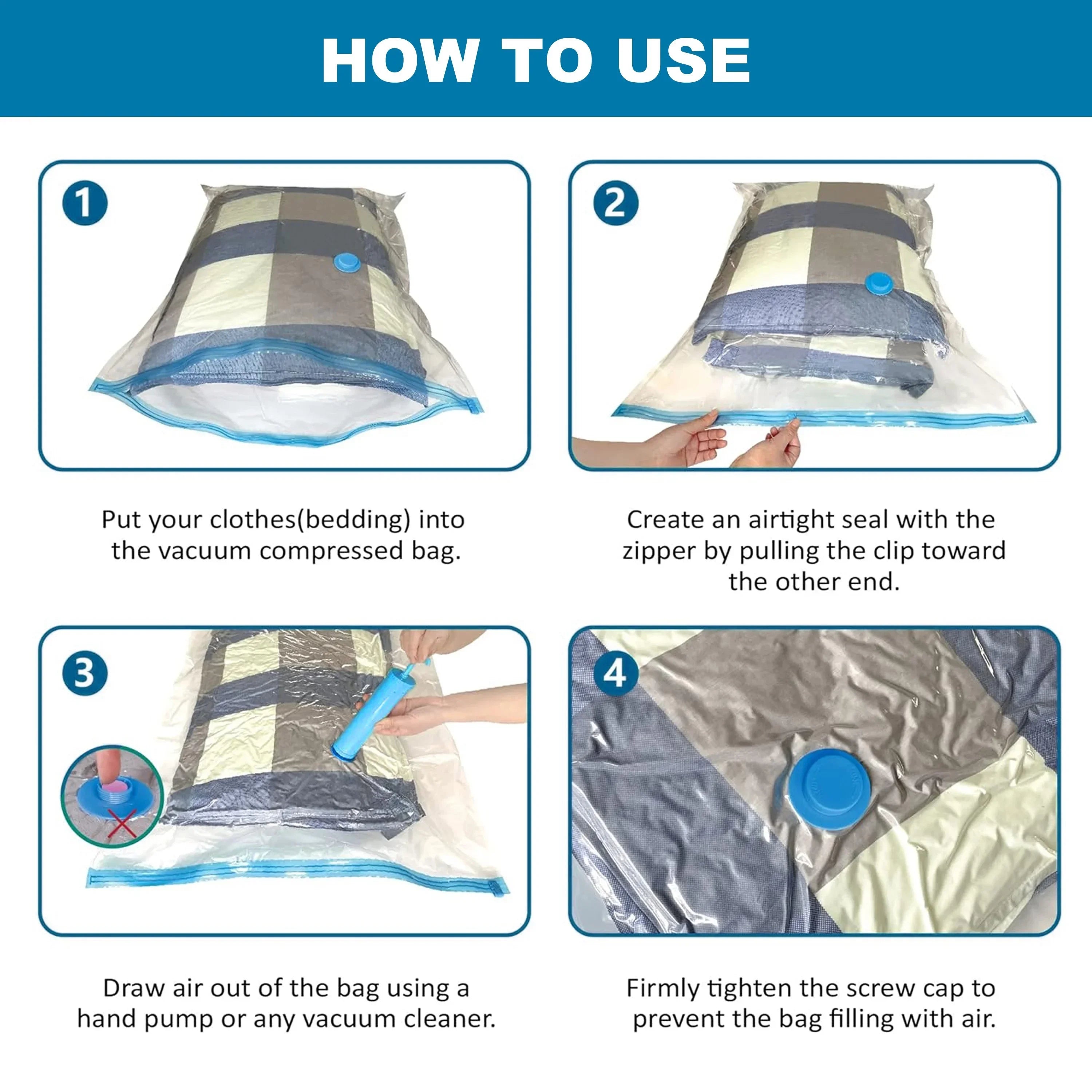 Lot de 4 sacs de rangement sous vide à compression, sac de rangement scellé pour vêtements, organisateur ménager pour économiser de l'espace, pompe manuelle non incluse