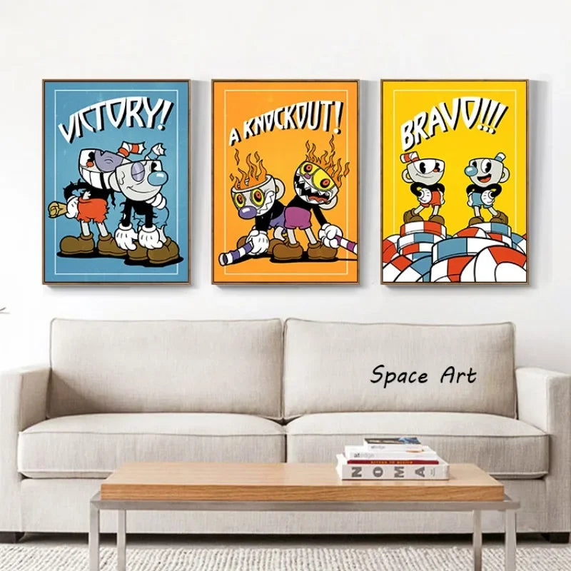 Clásico Retro Arte de Pared Juego Anime Cuphead Personajes de Caricatura Póster Impreso en Lienzo HD Decoración para el Hogar Sala de Estar Dormitorio