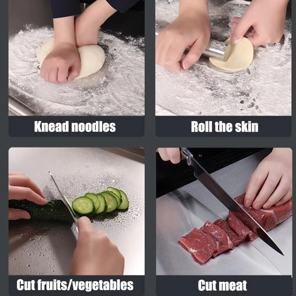 Tabla de cortar de acero inoxidable en forma de L, tamaño grande, panel doble, multifuncional, para cortar frutas y amasar en la cocina del hogar