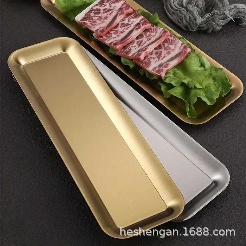 Plaque rectangulaire en acier inoxydable 304 version coréenne, plaque de bande de 40 cm, plaque à sushi dorée épaisse, plaque de barbecue, plaque plate