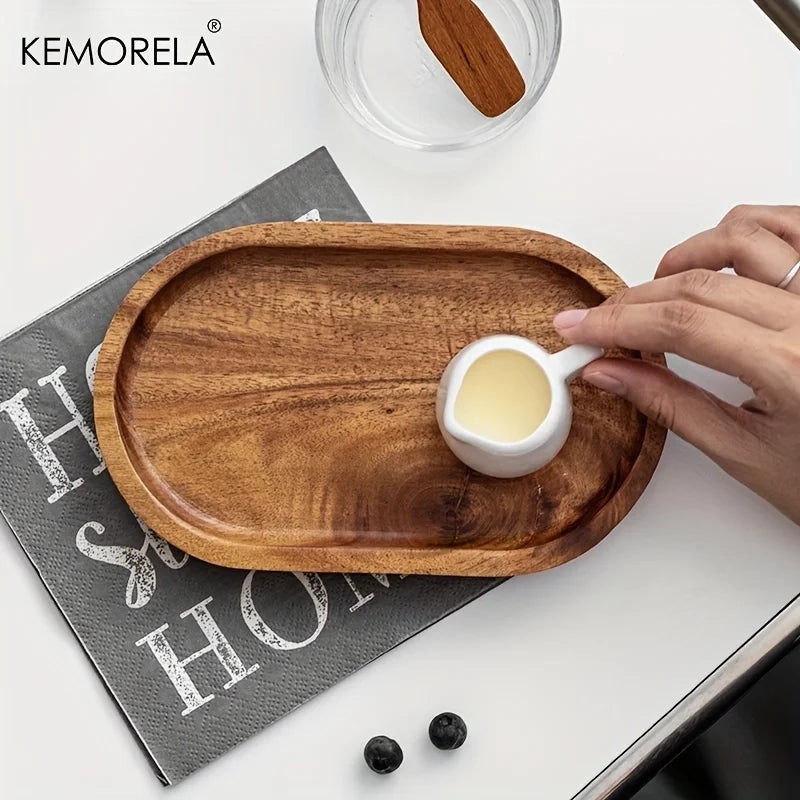 KEMORELA 1PCS Vajilla de madera maciza, plato de postre redondo, bandeja de madera de estilo japonés, plato para aperitivos, plato para frutas secas, plato de madera
