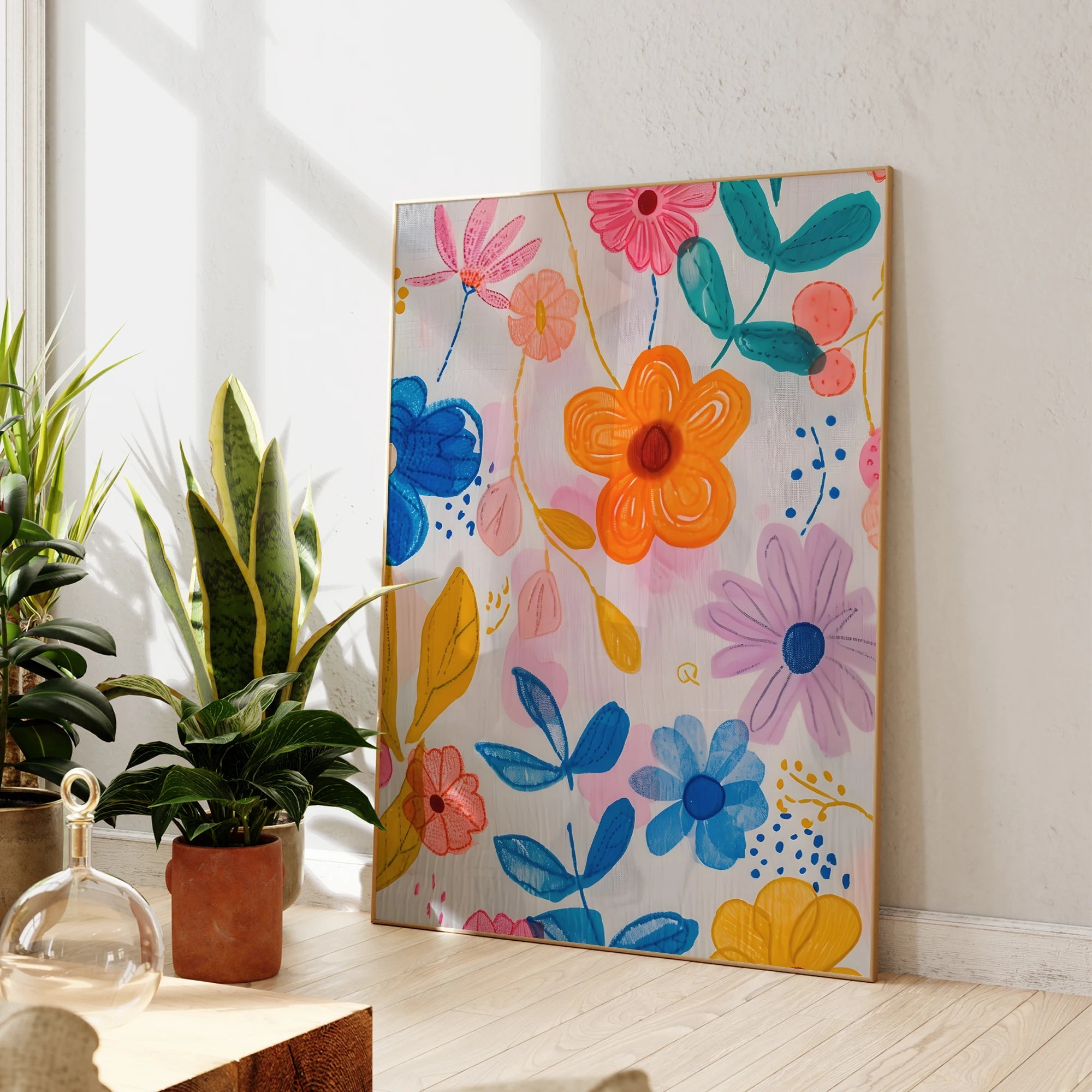 Póster de pintura en lienzo con estampados de arte de pared de flores modernas rosas, azules y amarillas entrelazadas para decoración del hogar de la sala de estar