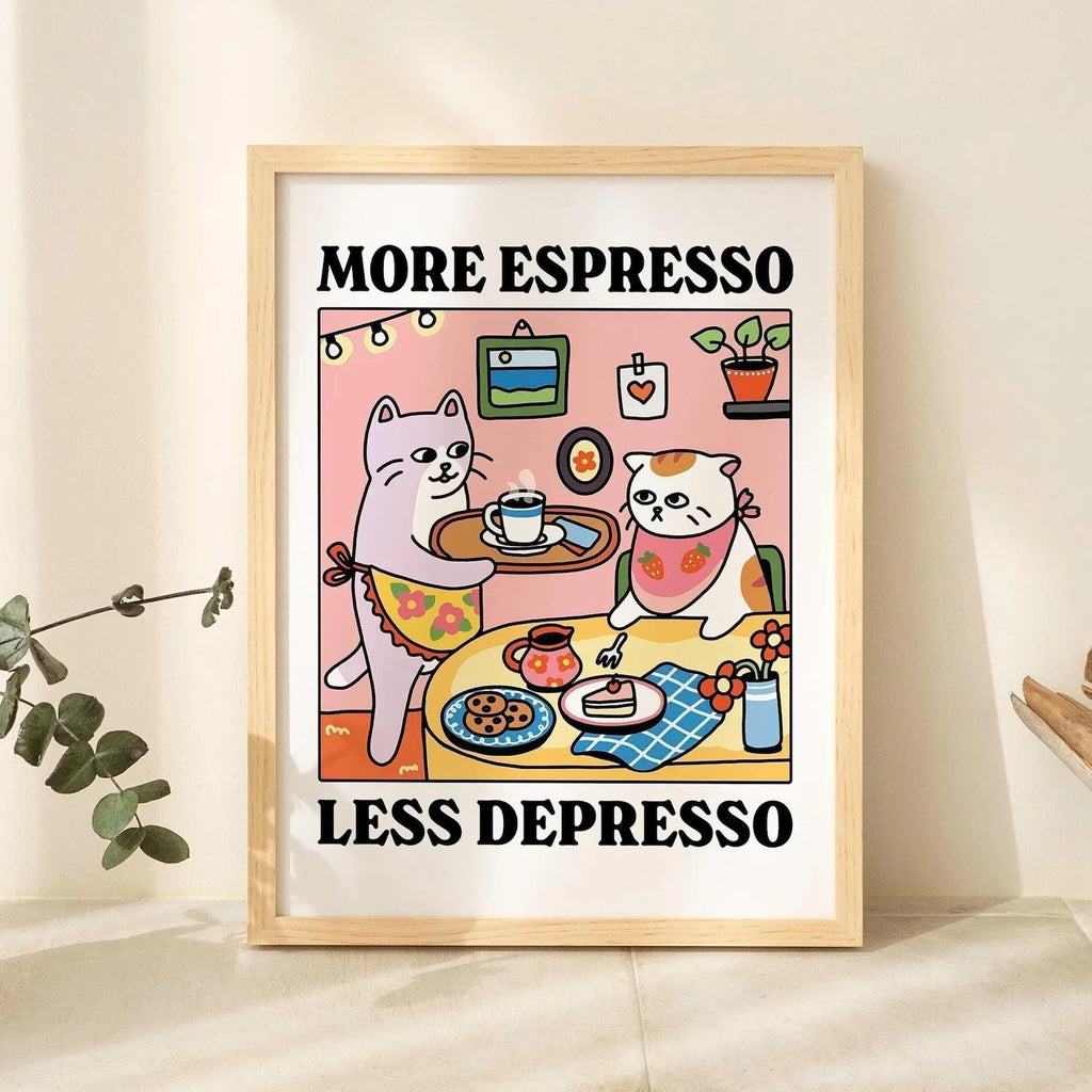 Más Expreso Menos Depresión Póster Gato Negro, Póster Gato Cafetero, Arte de Cocina, Póster Gato Cafetero Hecho a Mano, Barra de Café, Único