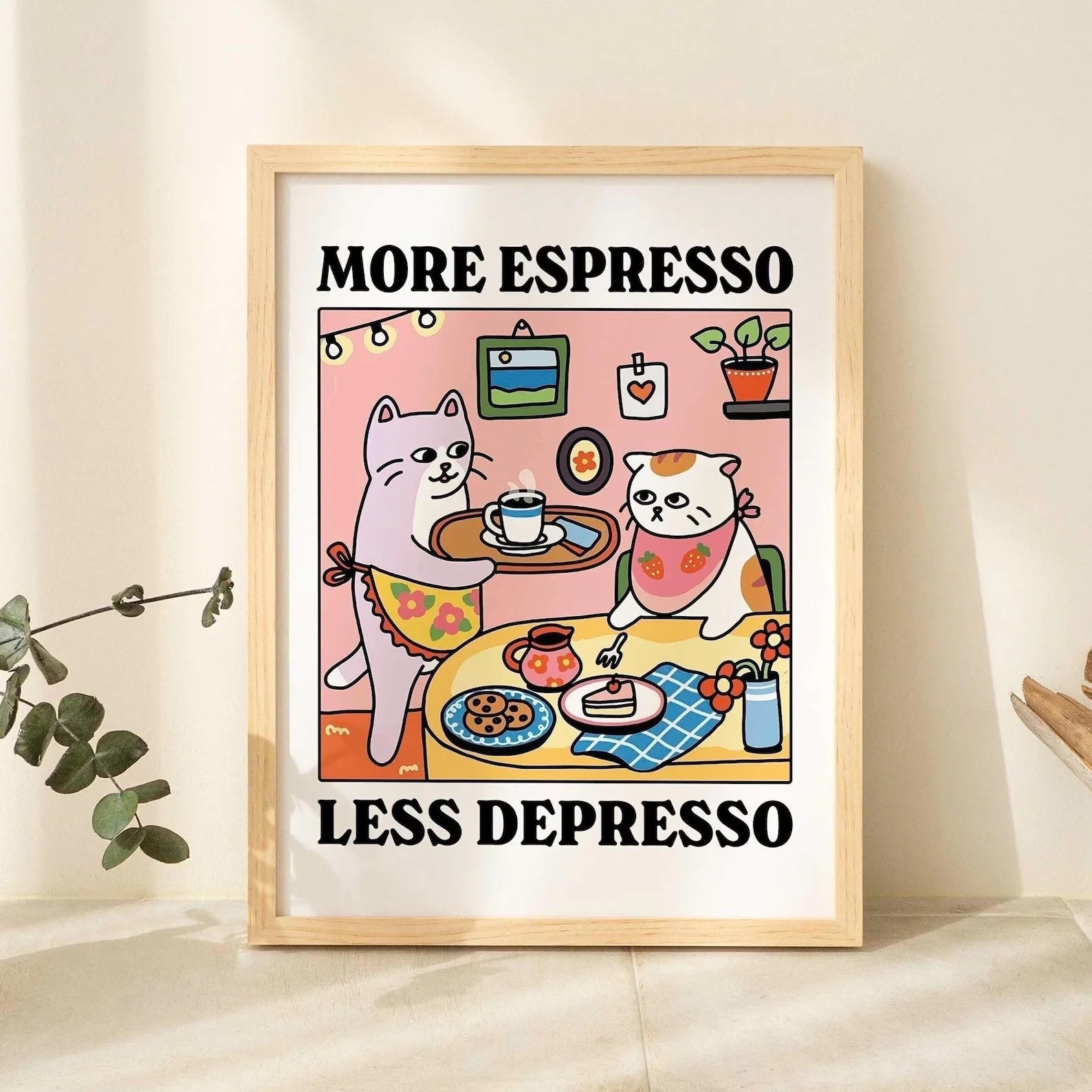 Más Expreso Menos Depresión Póster Gato Negro, Póster Gato Cafetero, Arte de Cocina, Póster Gato Cafetero Hecho a Mano, Barra de Café, Único