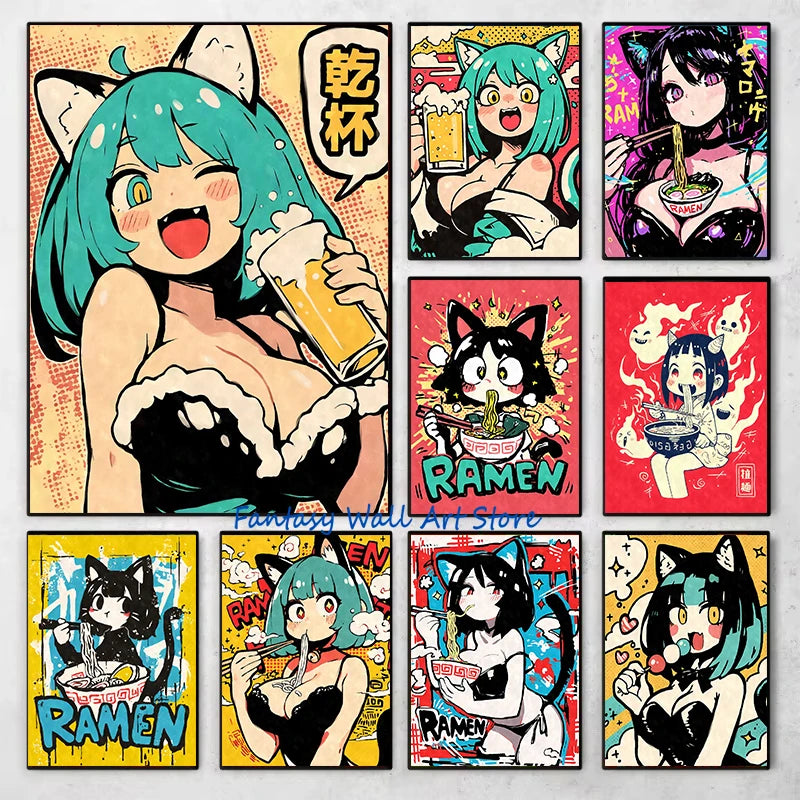 Póster de chica anime con orejas de gato comiendo ramen, estética, arte de anime de ramen, impresiones de estilo japonés, decoración de dibujos animados, pintura en lienzo de chica sexy