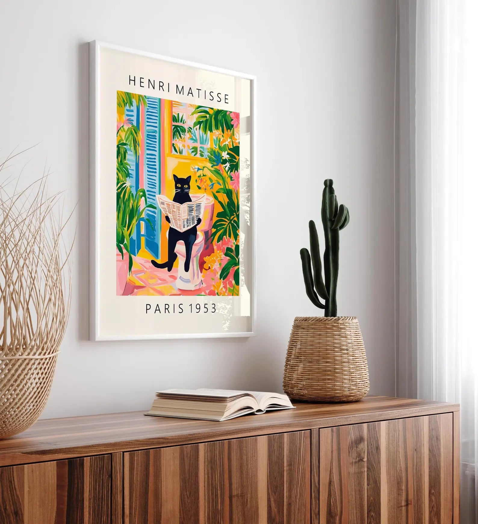 Gato negro en el inodoro, arte de pared para baño, póster de Matisse, decoración de baño divertida, decoración tropical rosa