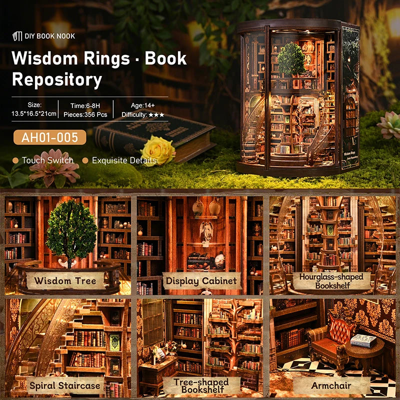Nichos de Libro 3D "Anillo de la Sabiduría" - Modelo de Ensamblaje de Casa Miniatura DIY - Diorama de Estantería a Microescala, Regalo Creativo