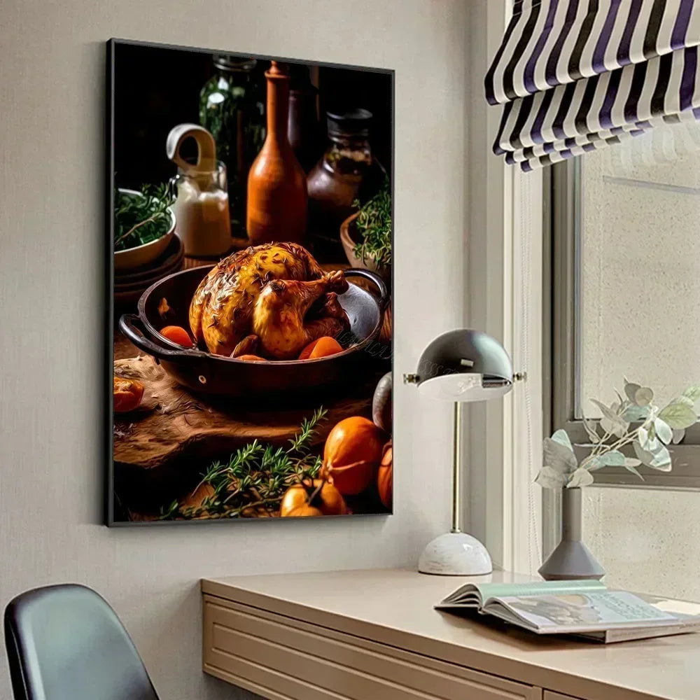 Póster de lienzo impreso para pared con diseño de pollo, comida, hamburguesa, patatas fritas, pollo y salmón, para sala de estar, hogar, restaurante y decoración