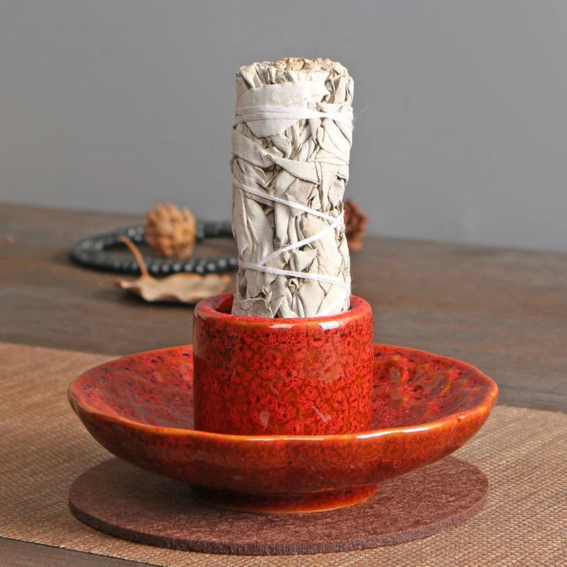 Brûleur d'encens Lotus en céramique pour Palo Santo, porte-encens de sauge, cendrier, plateau attrape-cendres pour la méditation et le yoga