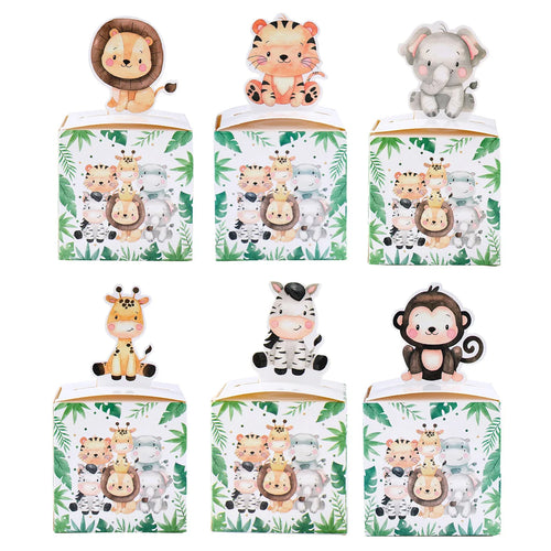 24PCS Cajas de dulces de animales de la selva para fiesta de cumpleaños, decoración, caja de embalaje de regalo para niños, caja de regalo de baby shower "Wild One"