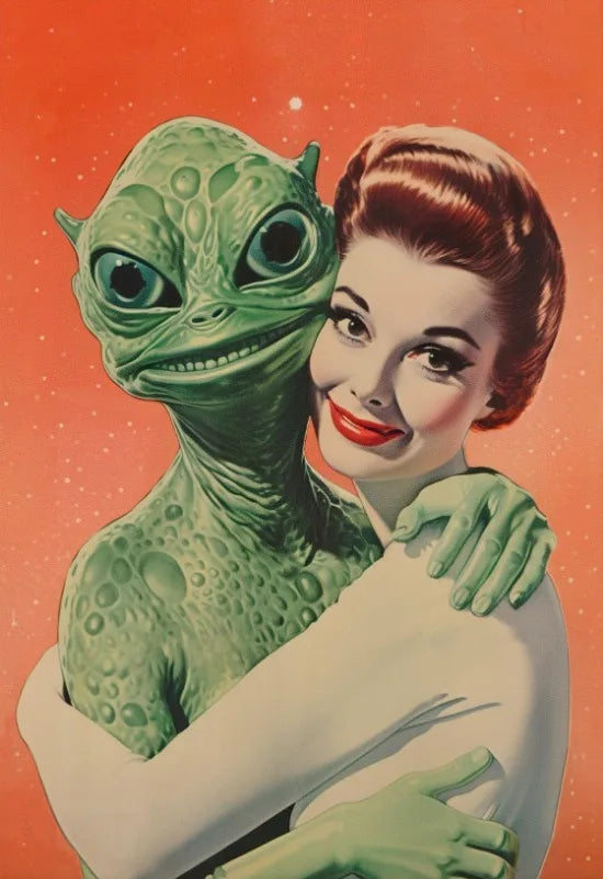 Póster Artístico de Viajes Espaciales, Cómic Vintage, Póster Alienígena Divertido, Alienígena con Decoración Humana para Pared, Humor de Bar, Decoración Retro, Lienzo Impreso de los 90