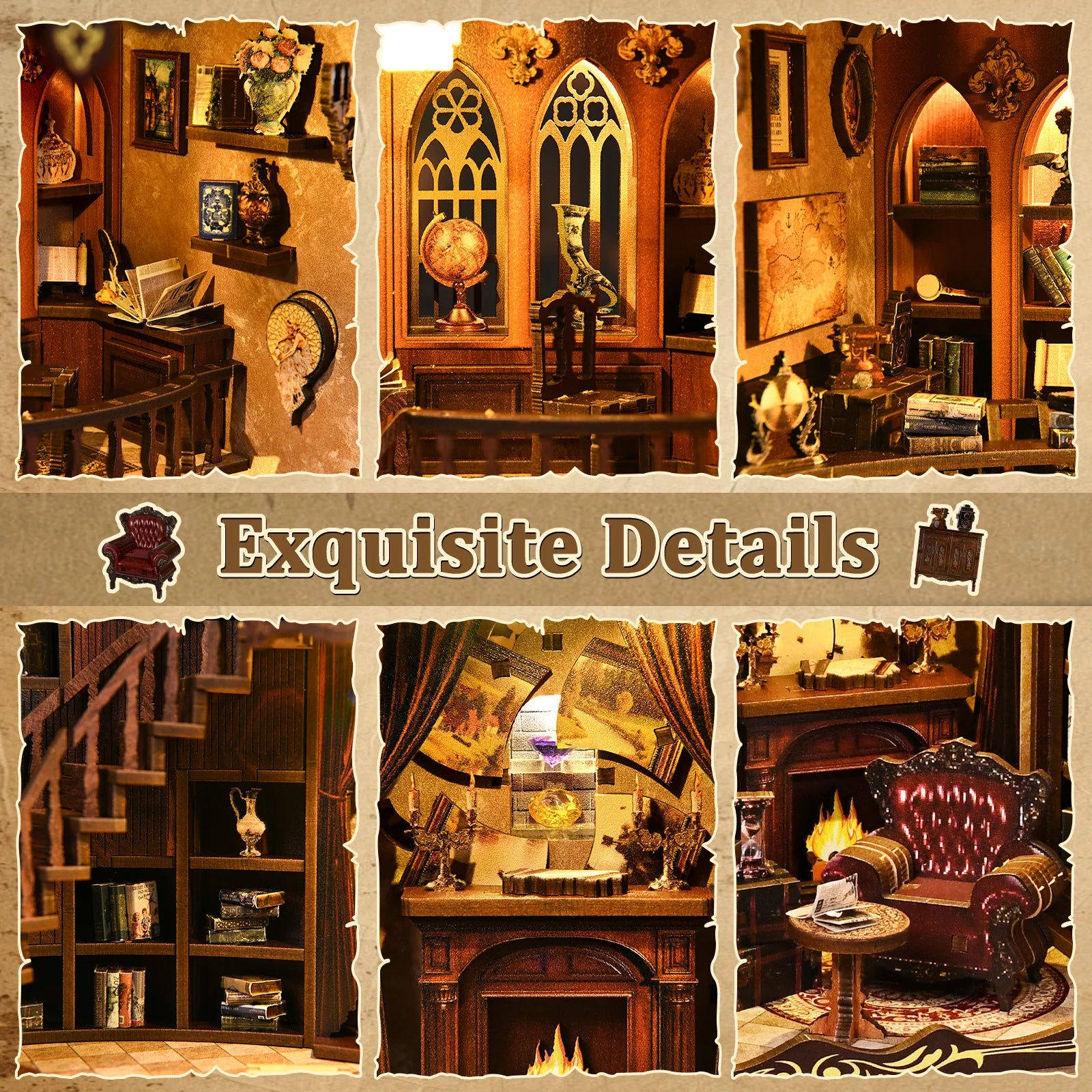 Kit de bricolage pour coin lecture – Bibliothèque en bois 3D Ancien Rime – Cadeau créatif pour Noël et le Black Friday – Décoration de bureau miniature