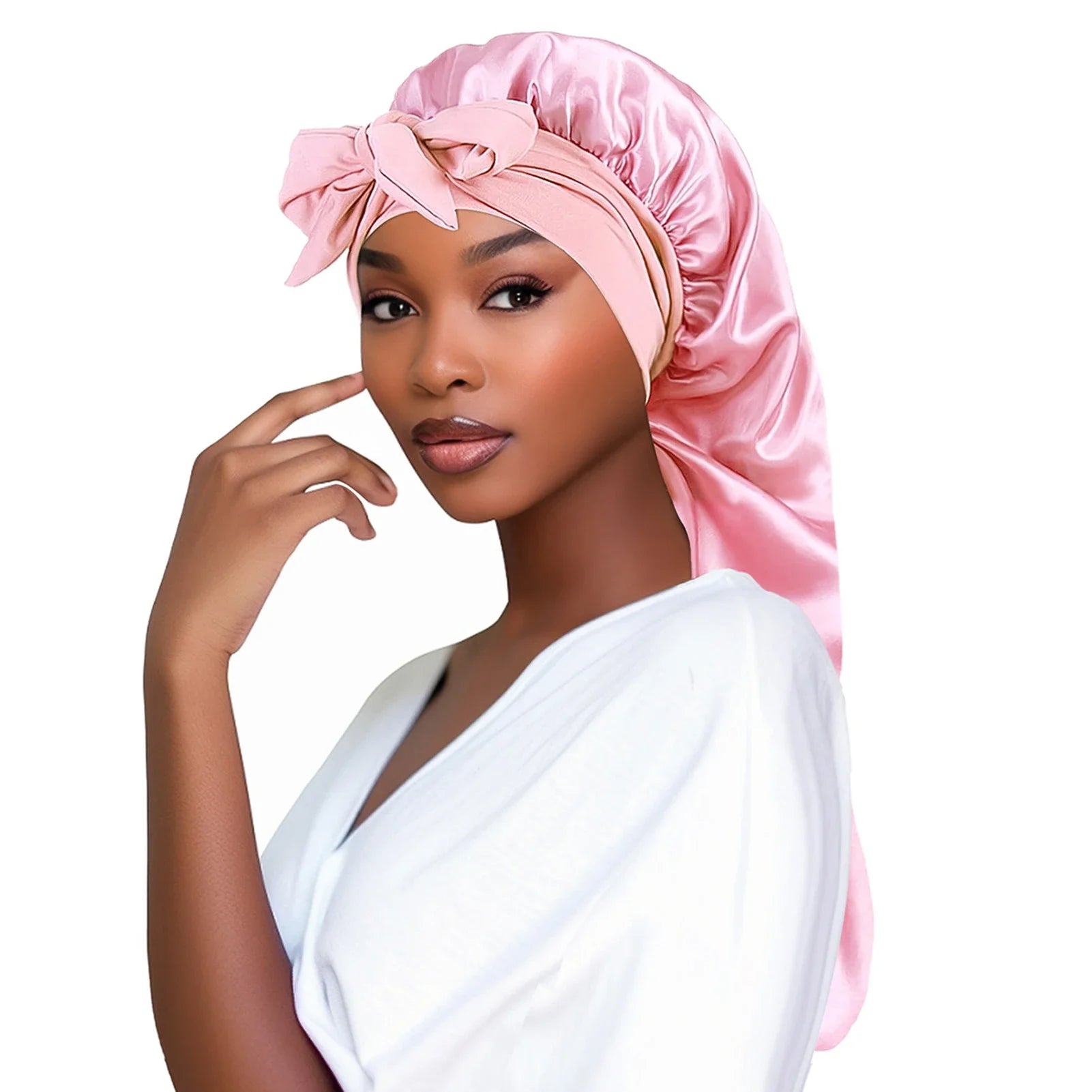 Gorro de satén para dormir para mujer, gorro de dormir de cola larga para cabello trenzado, gorro de noche, cubierta para la cabeza, gorros de ducha para sauna y baño.