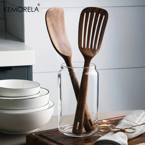 Juego de 2 utensilios de cocina de madera japonesa, espátula antiadherente, cuchara de cocina resistente a altas temperaturas, espátula para hornear para el hogar