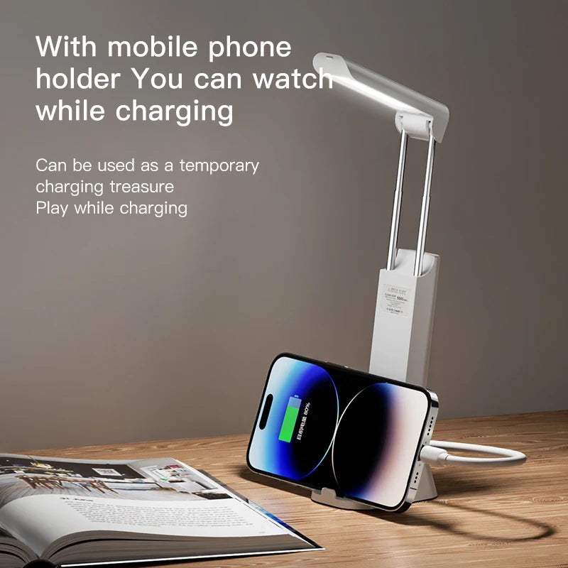 Lámpara de escritorio LED plegable con 3 velocidades de atenuación, protección ocular, carga USB, luz para libros con función de linterna y soporte para teléfono