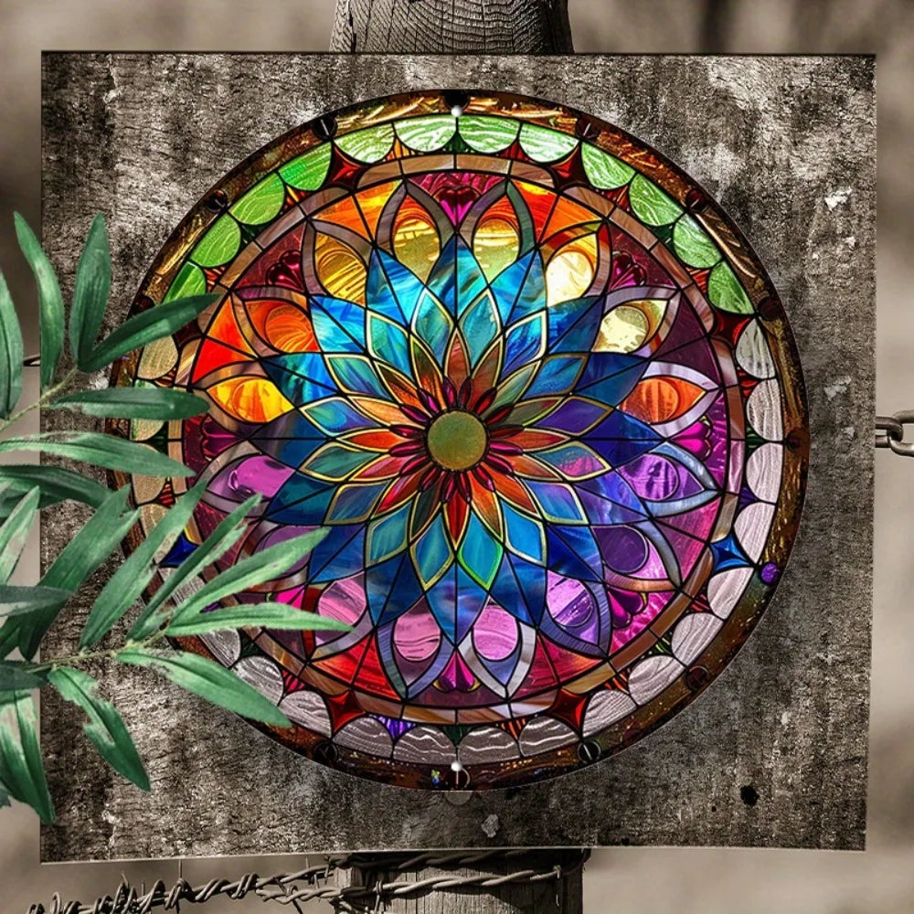 Pancarte Ronde en Aluminium Mandala 8" - Décoration Murale Résistante aux UV et Imperméable, Art Nouveau pour Salon et Patio