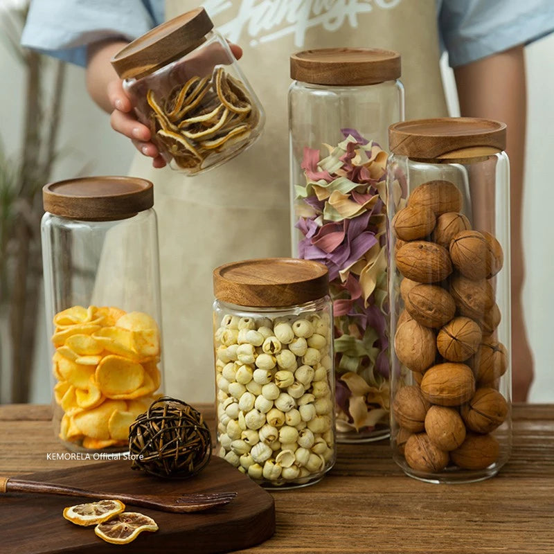Botes de Cristal Herméticos con Tapa de Madera para Almacenamiento en Cocina, Frascos Contenedores de Alimentos, Granos, Té, Café en Grano, Cereales, Dulces