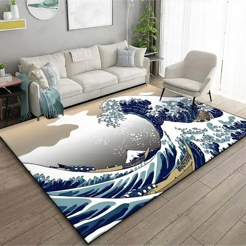 VIKAMA Alfombra de estilo japonés Ukiyo-e para vestíbulo, alfombrilla para balcón, cocina, sala de estar, dormitorio con motivo de la Gran Ola de Kanagawa
