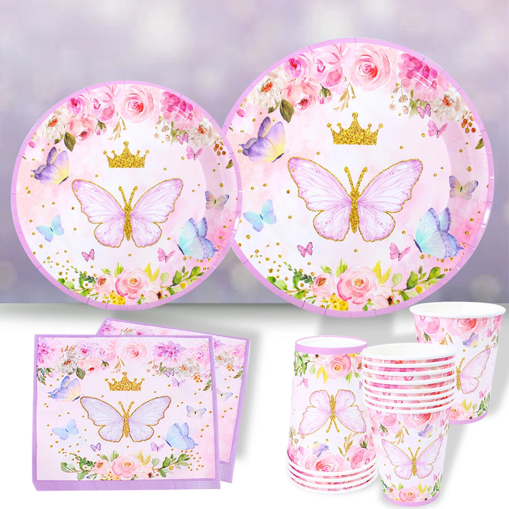 Purple Butterfly Disposable Tableware Napkin Butterfly Birthday Party Decor Girl Baby Shower Baptism Gender Reveal Supplies