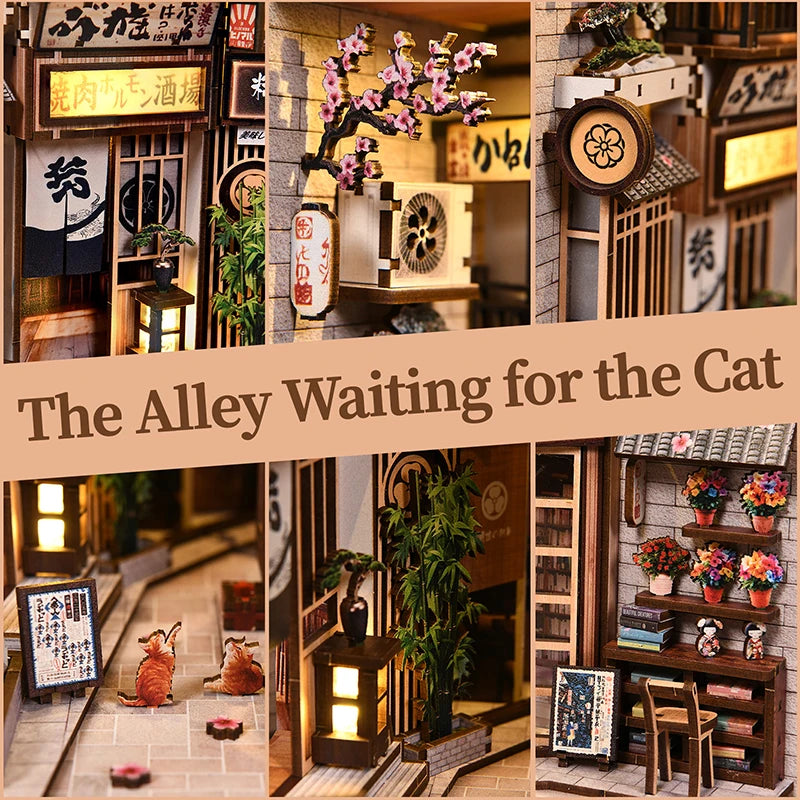 Allée des chats – Maison miniature DIY – Kit de serre-livres 3D en bois, serre-livres et décoration d'intérieur à assembler soi-même, Noël et Black Friday