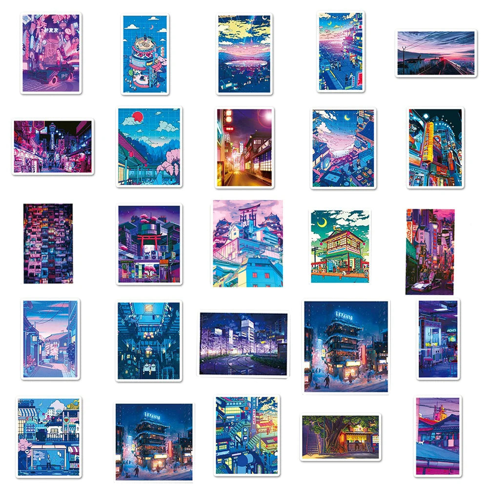 10/30/50 Pièces Autocollants Mignons de Paysages Urbains de Dessins Animés Autocollants Esthétiques Anime DIY pour Ordinateur Portable Journal Téléphone Décoration